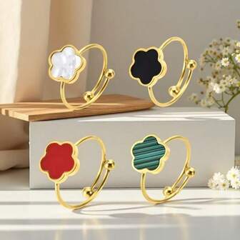 1 pieza/4 piezas Anillo de acero inoxidable con pétalos florales elegantes enchapado en oro de 18K con nácar, versátil