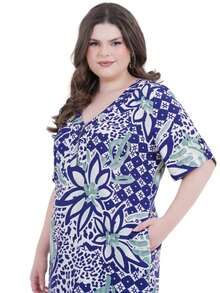 Women's Plus Size Midi Dress With Print - 藍色 - 查看 2