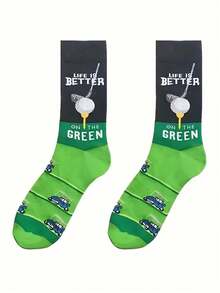1双男士高尔夫主题过膝袜 - 弹性舒适，印有趣味高尔夫球车和“Life Is Better On The Green”（生活更美好，尽在绿茵场）字样 - 高尔夫爱好者新奇礼物，高尔夫配件，男女皆宜 - 彩色 - 查看 3