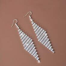 1对女士闪亮水晶吊坠耳环，银色水晶叶形耳环，时尚饰品，适合派对和婚礼佩戴 - 銀色 - 查看 7