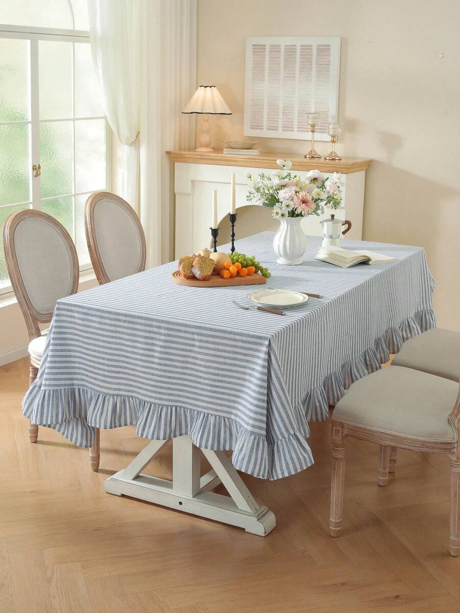 1pc Japanese Style Floral Rectangular Tablecloth, Suitable For 4-6 People, Great For Home Parties, Outdoor Weddings, Small Gardens, Kitchen & Dining Room Decor - Yarn-dyed Blue Striped Lotus Edge - View 1