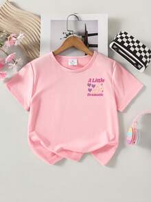 女童休闲标语爱心印花短袖T恤，夏季 - 粉色 - 查看 2