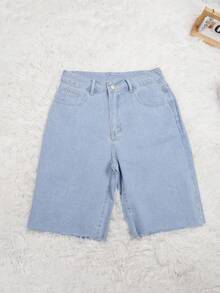 Quần short Bermuda denim ống rộng rách gấu kiểu vintage Y2K với túi bên hông, quần short thoải mái cho lễ hội âm nhạc mùa hè. - Màu xanh nhạt - Xem 6