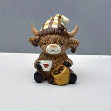 2026-NEW[ Latest Style]Hand-Painted Scottish Highland Cow Statue - Resin Ornament With Plaid Hat & Coffee Mug, Sitting Cow With Coffee Beans, Vintage Scottish Theme Decor For Home, Office, Or Gifts (Christmas, Halloween, Easter) - Cow Lover Gift - B - 查看 8