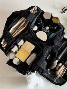 Unisex Lightweight Travel Makeup Organizer, 4-Layer Design, Blue/Green/Multi-Color Options, Transparent Top Lid & Front Pocket, Mesh Pouch & Clear Bottom Compartment, Elastic Brush Holder & Zippered Divider - Cosmetic Bag With Sturdy Handle, Suitable For Plane, Train & Car Travel - Spacious & Fashionable Toiletry Bag For Adult Men & Women Suitcase Storage Of Beauty Essentials,Makeup Bag,Travel Essential - Multicolor - View 2