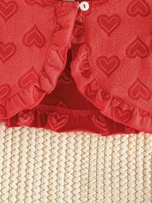 女婴心形图案荷叶边短袖外套和吊带网纱连衣裙优雅红色套装 - 紅色 - 查看 5