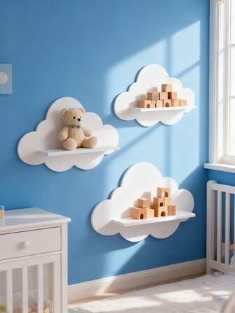 Baby Room Storage Supplies, Cloud Wall Shelves, Home Children's Room Doll Display Racks, Solid Wood Wall Mounted Background Wall Decoration Racks