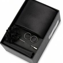 男士正式婚礼领带套装，涤纶面料领带，口袋巾，袖扣，胸针礼盒套装，金色格子图案 - 混色 - 查看 65