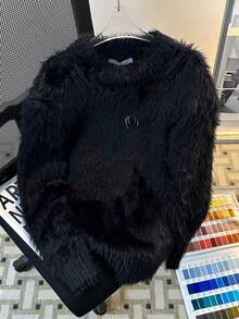 American Retro Shoulder Padded Round Neck Sweater For Men In Autumn And Winter, Loose And Casual, Furry And Lazy Style, Pullover Knitted Top - Black - View 2