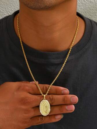 1 Peça Colar de Aço Inoxidável Banhado a Ouro 18K Vintage + Pingente Oval de Nossa Senhora Luxuoso Totalmente Cravejado, Colar de Aço Inoxidável Banhado a Ouro Estilo Hip Hop Unissex com Strass, Colar Versátil com Pingente de Nossa Senhora, Adequado como Presente para Amigos