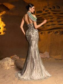 Women's Elegant Vintage Sequin & Rhinestone Decorated Formal Evening Gown - Màu be - Xem 8