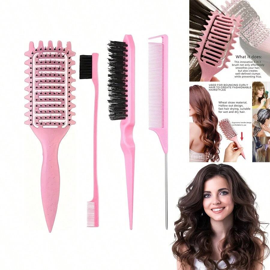 4pcs/Set Smooth Curling Comb, Triple Row Brush, Eyebrow Brush, Edge Control Brush, Steel Pin Rat Tail Comb, Curling Hairstyling Brush Set, Salon Hairstylist Hair Accessories, Hair Styling Tools, Hair Care Products, Salon & Travel Essentials ,Hair Tool Kit ,Hair Styling Kit - Multicolor - View 1