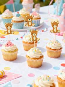 25/15 unidades de toppers de cupcake de ursinho de pelúcia fofo - Palitos decorativos de ursinho marrom para chá de bebê, festa com tema "Mal podemos esperar", decoração de bolo de aniversário infantil, Dia dos Namorados, chá de bebê e artigos para festa de chá de bebê.