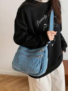 New Casual Chic Soft Jeans Multi-Layer Crossbody Bag With Multiple Pockets, Versatile Commuter Large Capacity Women's Shoulder Bag, Suitable For Work Commuting, Shopping And Traveling., Perfect For Cow Girl - 淺藍色 - 查看 5