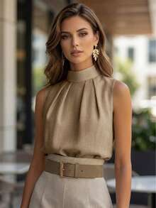 女士纯色无袖通勤优雅衬衫，春季款 - 卡其色 - 查看 1