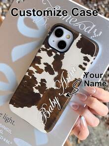 1pc Customized Minimalist Cow Print Name & Letter 2-In-1 Glossy Filmic Hard Phone Case Cover, Compatible With IPhone 11/12/13/14/15/16/17 Pro Max - Multicolor - View 4