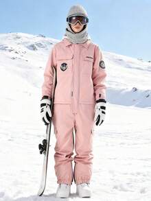 1件中性款連身式滑雪服，工裝風，寬鬆落肩設計，側開衩下擺，粉色運動風 - 粉色 - 查看 6