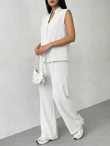 A&DD MODA,REF:Y287 - Women's Solid Color Two-Piece Set, Consisting Of A Sleeveless Vest And Loose-Fitting Trousers, With Upper Body Pockets And Elastic Waistband, Suitable For Daily Outings - White - View 5