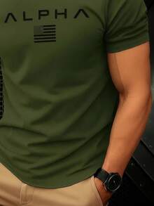 Camiseta casual transpirable para hombre manga corta diseño gráfico personalizado  estampado de logo minimalista moda urbana comodidad y estilo en una prenda esencial para el guardarropa masculino - Verde militar - Ver 3