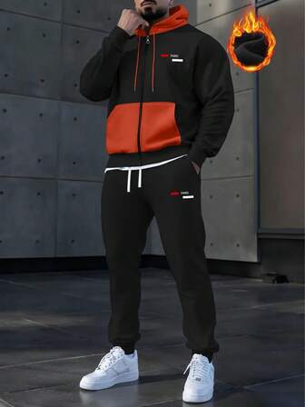 Chaqueta gruesa con forro polar para hombre para otoño/invierno, con estampado de letras de París, parches de color contrastante, sudadera con capucha con cremallera y pantalones con cordón en la cintura. Conjunto de ropa deportiva casual de moda con bolsillos, adecuado como regalo para el esposo o novio, para la calle, el transporte, al aire libre, vacaciones.