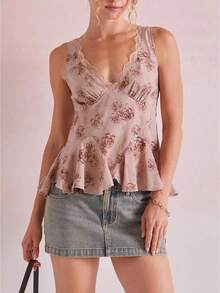 Women's V Neck Wide Strap Crop Tank Tops Slim Fit Sleeveless Going Out Top Lace Trim Peplum Ruffle Hem Back Tie Cutout Cami Tops Fashion Printed Casual Halter Tops - 粉色 - 查看 1