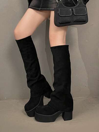 （适合纤细腿型）女士套穿式粗跟过膝长靴 - 高跟，女士厚底靴，舒适织物鞋面和橡胶鞋底，女士过膝长靴，优雅黑色高筒靴，适合休闲和正式场合，高跟靴，正装鞋履，时尚靴款设计，女士冬季穿搭，靴子