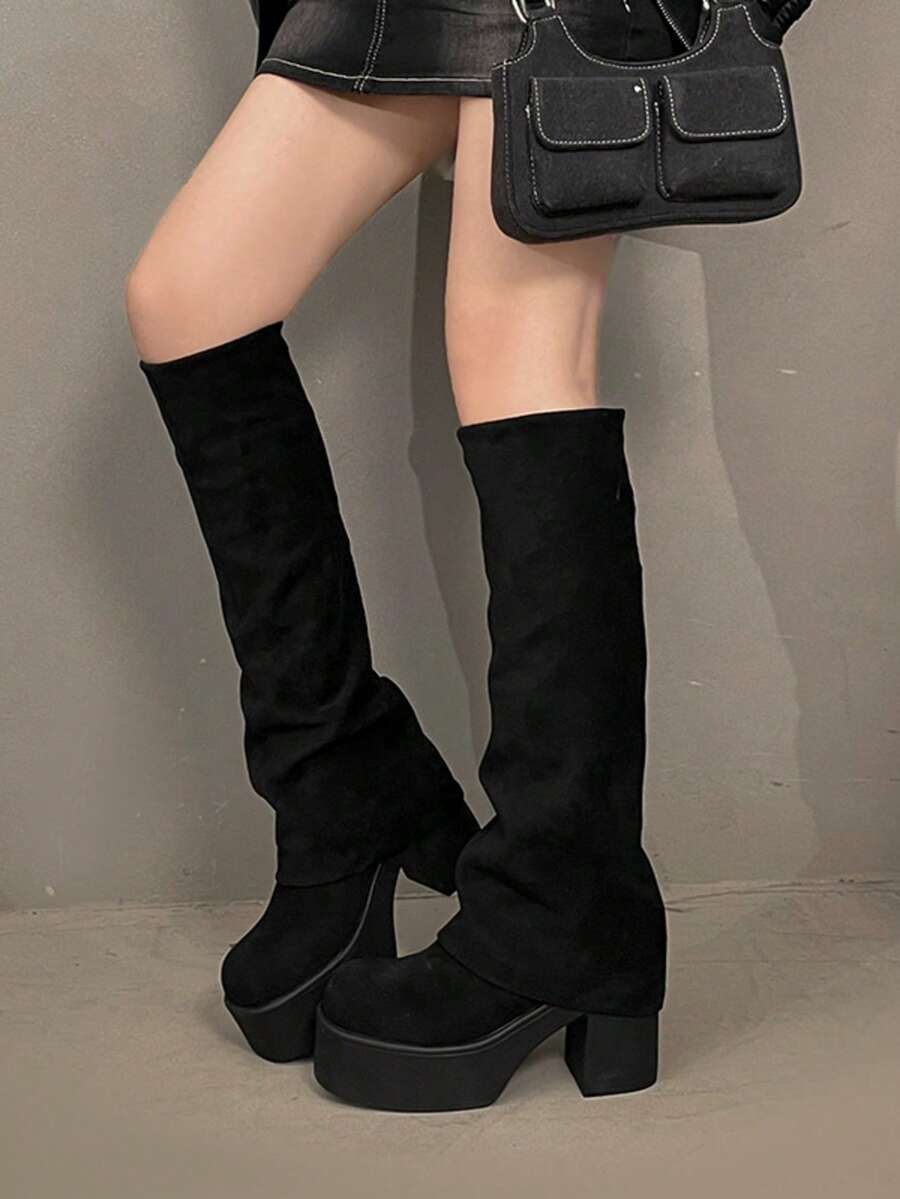 (Phù hợp với chân thon) Giày bốt cao đến đầu gối đế chunky, kiểu xỏ chân dành cho nữ - Gót cao, bốt đế platform dành cho nữ, phần trên bằng vải thoải mái và đế cao su, bốt cao đến đầu gối dành cho nữ, bốt cao màu đen thanh lịch, phù hợp cho cả dịp thường ngày và trang trọng, bốt cao gót, giày dép trang trọng, thiết kế bốt thời trang, trang phục mùa đông dành cho nữ, bốt