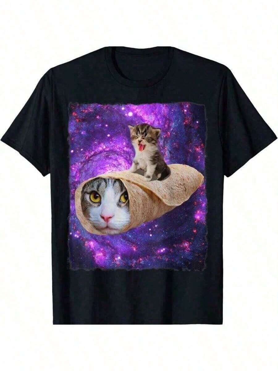 Camiseta de gato espacial lindo montando un burrito en el espacio exterior - Negro - Ver 1