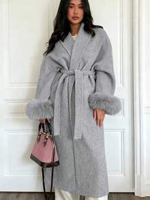 女士新款优雅系带仿毛皮袖外套，高档羊毛质感面料，系带长款大衣，修身显瘦，和服式设计，秋冬款 - 淺灰色 - 查看 2
