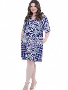 Women's Plus Size Midi Dress With Print - 藍色 - 查看 7