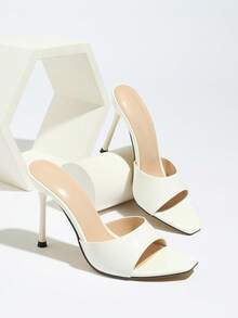 Women's High Heel Sandals, Fashionable And Sexy, Featuring Chunky Heel, Wide Strap, Mule Design, High-End Mirror Finish, Delicate Water Wave Stone Texture, Crocodile Pattern, Romantic And Elegant, Bright White Color, Small Square Toe, Slim High Heel, Suitable For Night Club, Party, Stage, Outdoor, Campus, Travel, Valentine's Day, Mother's Day, Women's Day, Thanksgiving, Christmas, New Year Gift - White - View 6