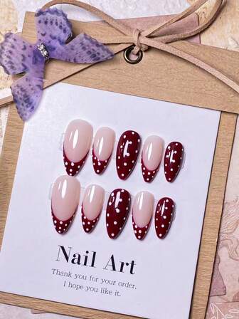 10pcs Handmade Almond-Shaped Red & White Polka Dot Cute Minimalist Stylish Elegant False Nails