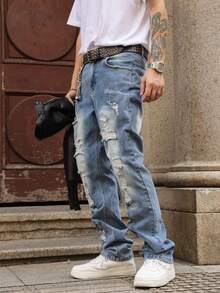 男士修身做旧弹力牛仔裤，饰有水钻，美式休闲朋克摇滚街头风格，宽松直筒裤型，百搭 - 藍色 - 查看 5
