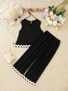 2pcs Girls Casual Sleeveless Top And Long Pants Set, Fashion Ribbon Splice Back Raindrop Buckle, Summer - Black - View 2