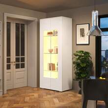 70*40*173cm Living Room Display Cabinet, Display Cabinet With 2 Acrylic Doors, High-Gloss Display Cabinet With LED Light Strip, Load-Bearing Cabinet Made Of Tempered Glass, Wide Living Room Cabinet, Tall Cabinet, MDF, White - White - View 2