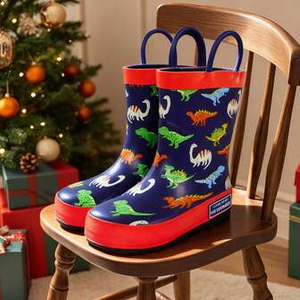 Boy's Cute Dinosaur Waterproof Rubber Rain Boots,Comfortable Rubber Soles Non-Slip Durable Shoes For Children Rainy Outdoor Activities, Suitable For All Seasons, Easy To Clean, Easy To Wear And Take
