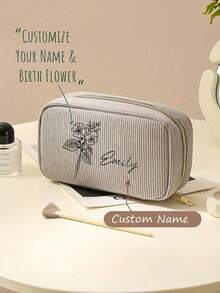 Customizable Makeup Bag/Storage Bag, Minimalist Rectangular Corduroy Makeup Bag With Floral Pattern, Can Customize Name, Storage Pouch, Zipper Travel Cosmetic Organizer Bag, Portable Handbag, Large Capacity Women's Travel Makeup Bag, 5 Color Options, Gift For Women, Girlfriend, Best Friend