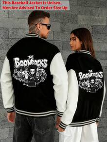 (Choose Sized Up)Unisex Casual Baseball Jacket Print With The Boondocks Anime-Inspired Design Graphic, Playful Design, Suitable For All Seasons, Street Style, Outdoor And Fashionable Men'S Wear, Color Block, Long Sleeve With Button-Up Front, Cozy Clothing, Machine Washable,For Fall Winter |School Outfit, Streetwear Fashion, Durable Material - 黑色 - 查看 3