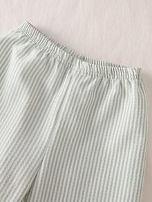 2件套女童猫咪印花柔软舒适睡衣，甜美公主风薄荷绿条纹可爱睡衣套装，春夏款 - 彩色 - 查看 5