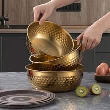 Tazón de ensalada de acero inoxidable dorado/plateado, tazón de mezcla de ensalada de verduras y frutas, tazón para hornear, tazón para ollas calientes, tazón de comedor comercial coreano, plato y vajilla, tazón para salsas, utensilios de cocina y suministros de comedor - Multicolor - Ver 3