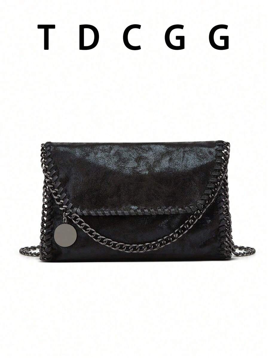 Black Metal Chain Envelope Bag, Women's PU Flap Clutch Purse, Vintage Woven Chain Bag, Multifunctional For Commute, Date, Party, Evening, Casual Shoulder/Crossbody Bag, Suitable For Cocktail Party And Daily Commute - Black - View 1