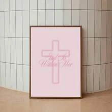 1幅粉色基督教墙画“上帝在她心中”圣经经文帆布画，简约十字架海报，信仰与力量装饰画，适合卧室或祈祷室，送给她的礼物，带框/不带框 - 彩色 - 查看 6