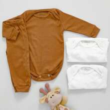 Kit 6 peças básico bebê algodão canelado body manga longa + calça perfeito para maternidade - Marrom - Visão 2