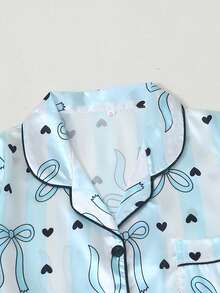 [Dreamery]Striped Bow Print Women Poplin Short Sleeve Shorts Pajama Set - Baby Blue - View 2