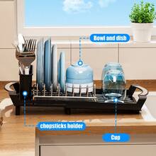 1pcs Expandable Dish Drying Rack For Sink Or Countertop, Compact Stainless Steel Dish Drainer With Removable Utensil Holder - Black - View 6