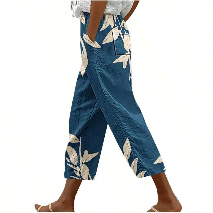 Pantalones Casuales para Mujer, Cintura elstica Vintage de Largo 3/4 con pantaln Holgado para Salir. - inicial - Ver 1