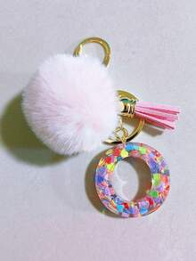 1 件字母首字母钥匙扣可爱毛绒绒球钥匙链环包背包饰品汽车挂件女士女孩礼物，可爱亮片树脂钥匙扣，钱包和手提包配件，带流苏的钥匙扣，字母首字母 A-Y 学校 - 粉色 - 查看 31