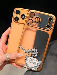Cartoon Skeleton Hand Petting Cat Print PC Phone Case For IPhone 12 13 14 15 16 17 - Transparent Back Protective Cover With Orange Frame, Cute Gothic Y2K Style For Women Girls, Daily Use & Gi - 橘色 - 查看 2