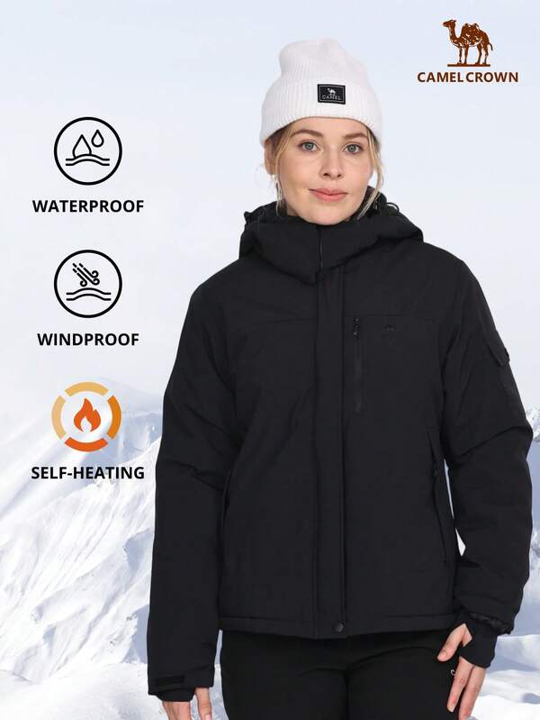 CAMEL CROWN Veste de ski imperméable et chaude pour femmes avec doublure en polaire et capuche, vêtements de ski d'hiver
