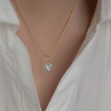 1pc S925 Silver Minimalist Heart-Shaped Aquamarine Design Pendant Necklace With Sparkling Cubic Zirconia, Elegant Jewelry For Women, Exquisite Gift For Loved Ones - Yellow Gold - View 3